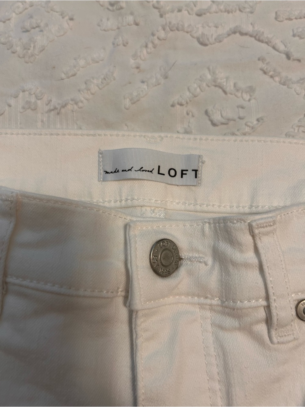 LOFT High-Rise White Jeans with Branded Button